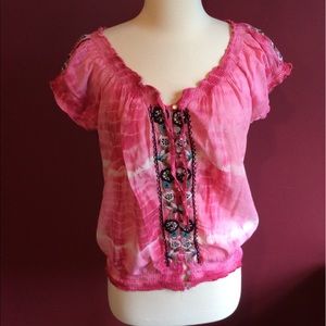Boston Proper Pink Tie Dye Embroidered top boho